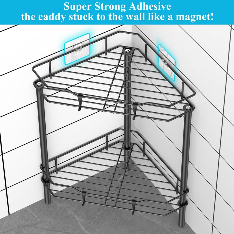 HuggieGems 2 Tier Floor Standing Corner Shower Caddy Organizer Shelf with Hooks, Bathroom Shelves Stand Rack, Matt Black - Image 2
